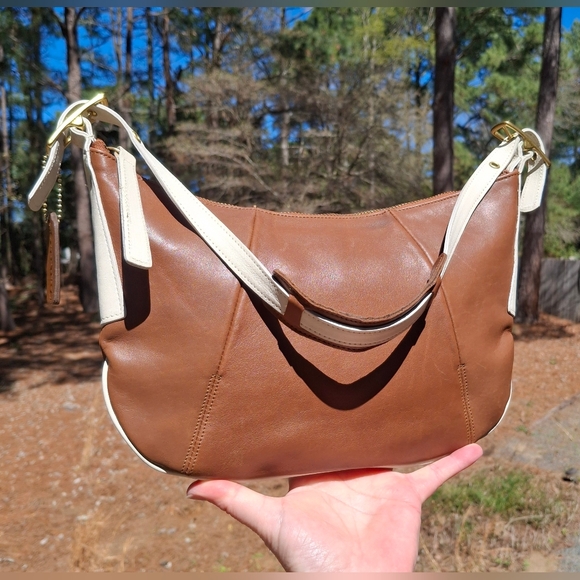 VTG 1999 Coach Brown/White Glove Tanned Leather Fortune Cookie Hobo Bag #9214